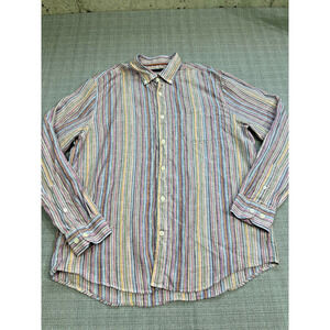 32 Bar Blues Shirt Mens Large 100% Linen Button Up Multi‎ Color Stripes Comfort